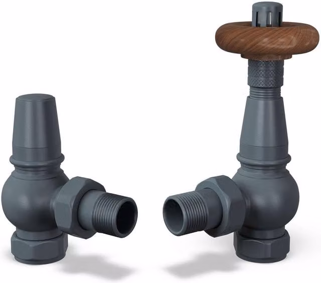Derry Traditional Anthracite Thermostatic Radiator Valve and Lockshield Angled Set with 10mm Reducers