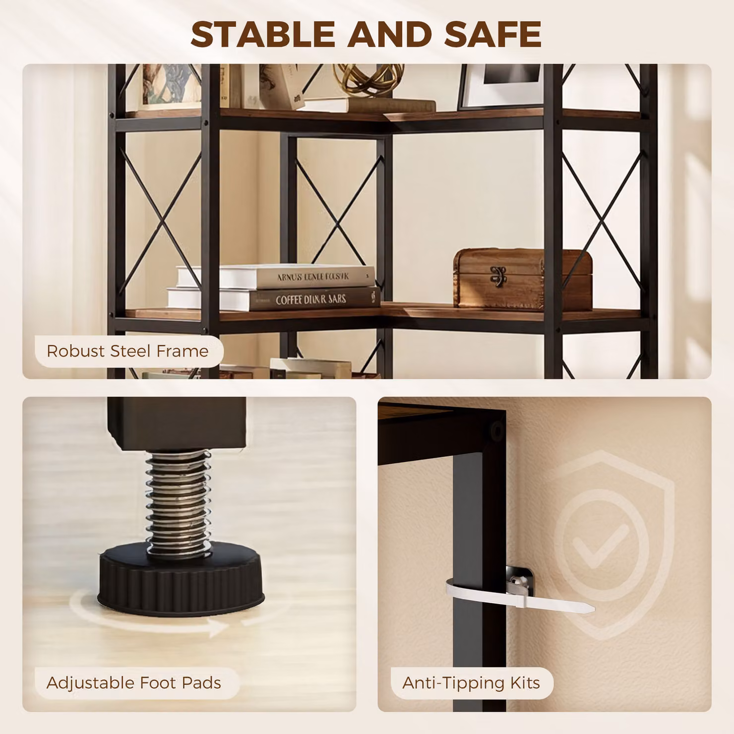 HOMCOM 6-Tier L-Shaped Freestanding Corner Bookshelf with Metal Frame in Rustic Brown – 4