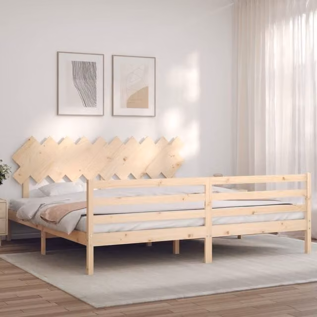 Berkfield Home Solid Wood Pine Bed Frame with Headboard in Brown, 200 x 200 cm – 1