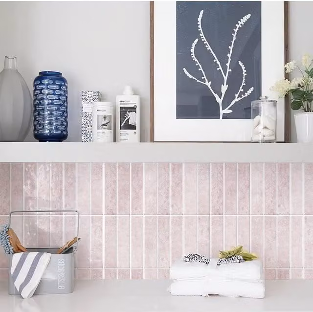 Livingandhome Set of 10 Self-Adhesive Striped Rectangular Wall Tile Stickers in Pink