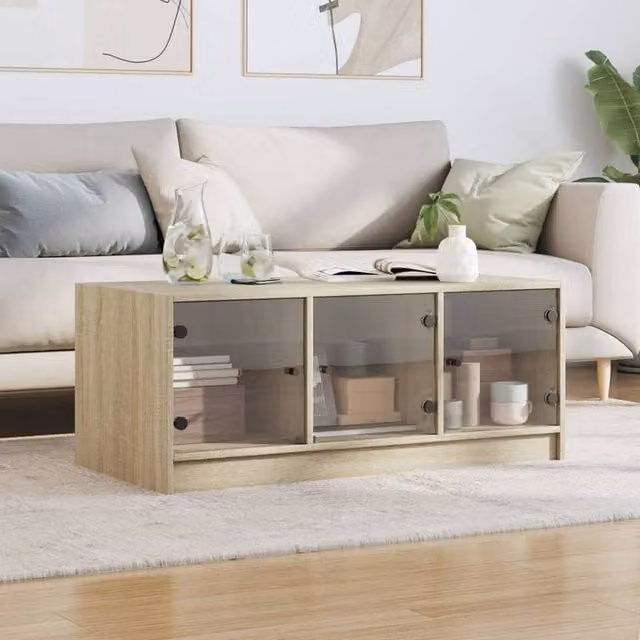 Berkfield Home Modern Coffee Table with Glass Doors in Light Oak, W: 102 cm, D: 50 cm, H: 42 cm