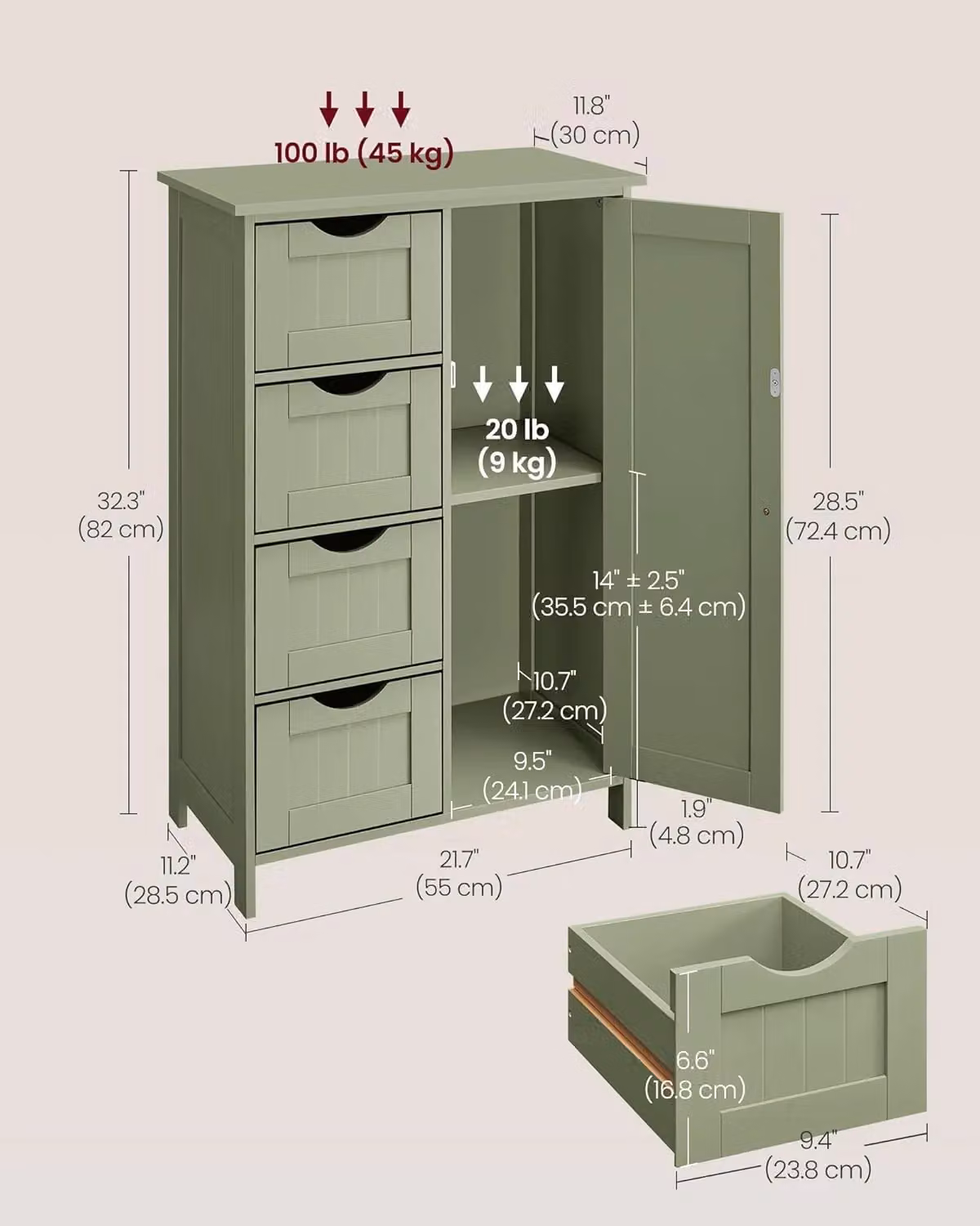 VASAGLE Bathroom Floor Storage Cabinet with 4 Drawers and 1 Door in Matt Green – 2