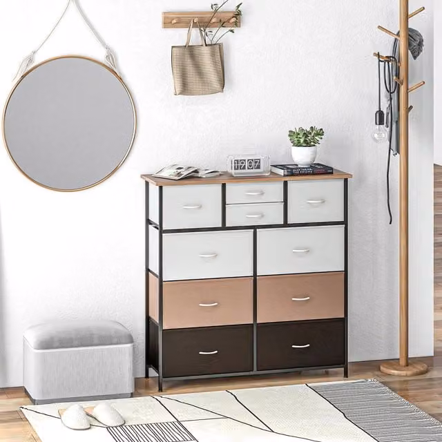 HOMCOM Modern Multicolour Bedroom Chest of Drawers with Foldable Drawers and Metal Frame