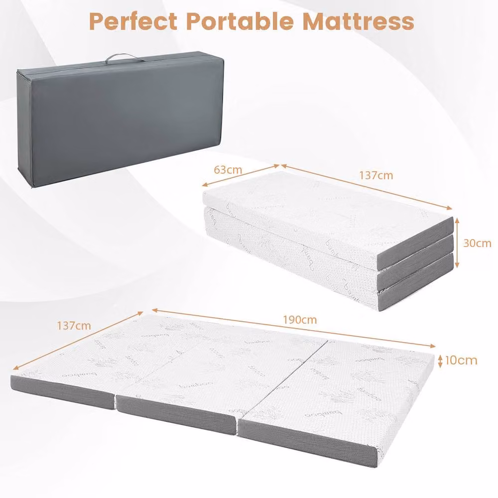 Costway Double Size Gel-Infused Tri-fold Memory Foam Mattress Topper in White, W: 140 cm x D: 200 cm, Thickness: 10 cm – 2