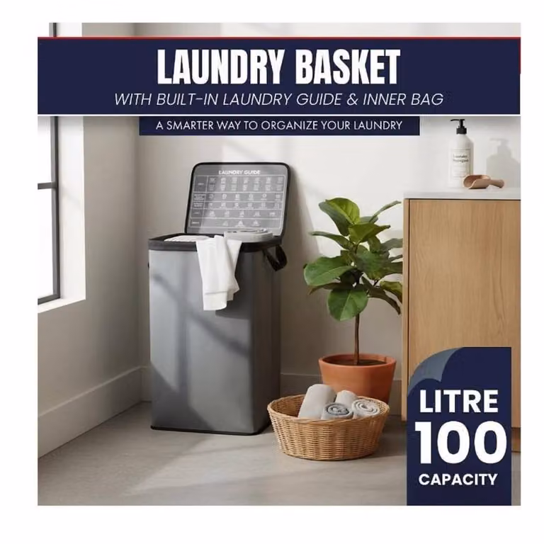 Mantraraj 100L Foldable Laundry Basket with Lid in Grey
