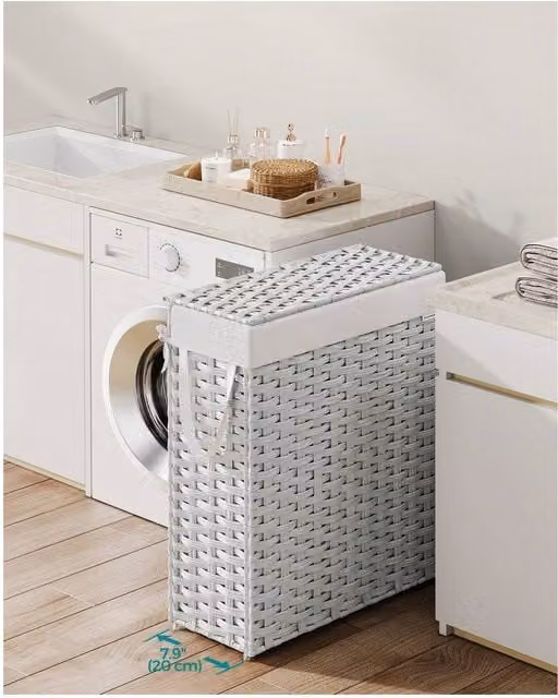 SONGMICS Slim Laundry Basket with Lid and Removable Bag, White, W: 20.0 cm, D: 46.0 cm, H: 61.0 cm