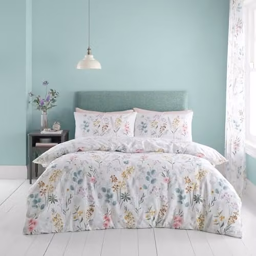Catherine Lansfield Emilia Floral Reversible King Duvet Cover Set with Pillowcases in White and Green – 1