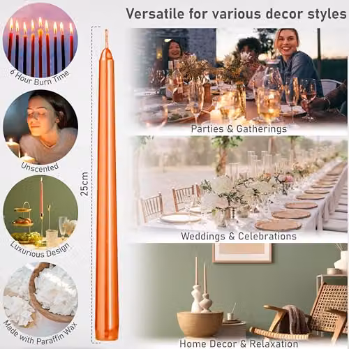 Deco Express Set of 6 Metallic Orange Unscented Dripless Tapered Dinner Candles – 2