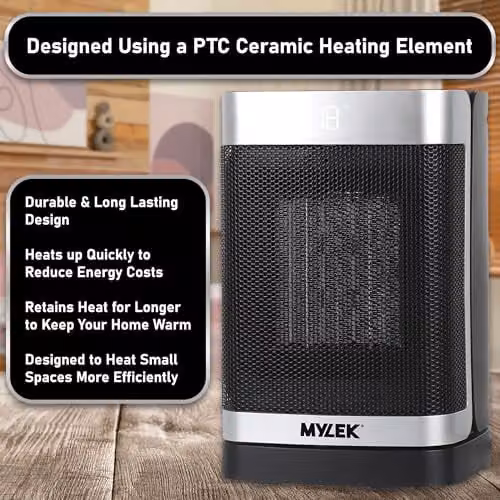 Mylek 1500W Ceramic Fan Heater with Remote Control and Tilt Protection, Silver and Black – 8