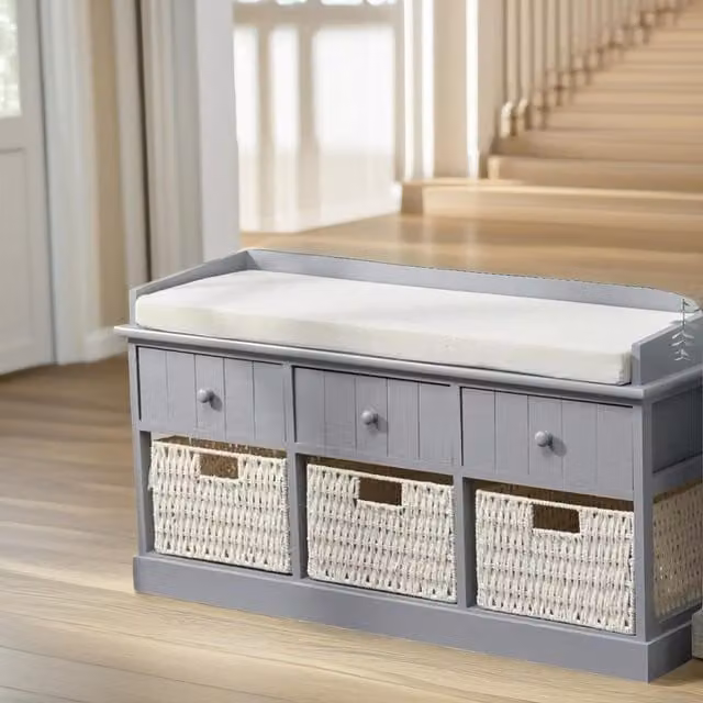 FURNOS Shoe Storage Bench with Cushioned Linen Seat and 6 Drawers in Grey