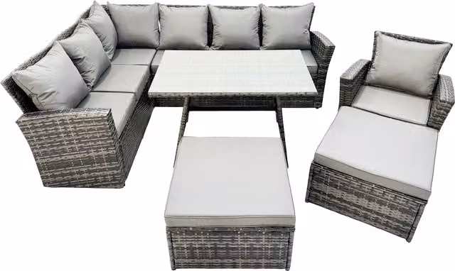 Fimous 9 Seat Rattan High Back Corner Sofa Set with Large Stool in Dark Grey
