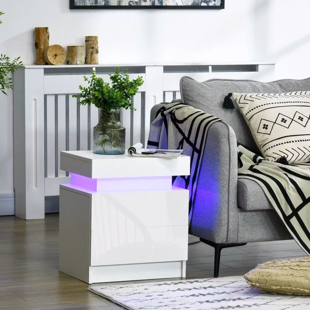 NESTLUNE High Gloss Bedside Table with Integrated LED Light and 2 Drawers in White – 3
