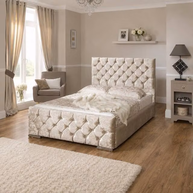 Stratus Interiors Florida Diamond Pattern Upholstered Plush Velvet Bed in Beige, Single, W/D/H: 90 x 200 cm