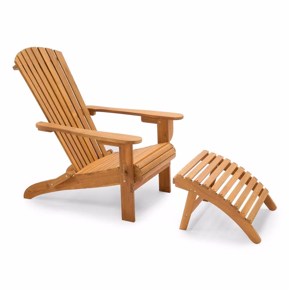 VonHaus Hudson Acacia Folding Adirondack Garden Chair and Footstool in Brown – 2