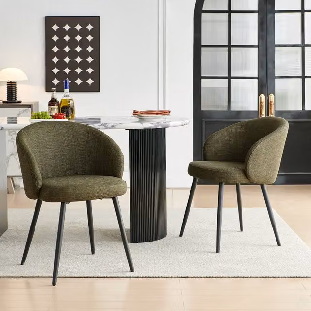 SONARA Modern Set of 2 Green Fabric Ergonomic Dining Chairs with Arms