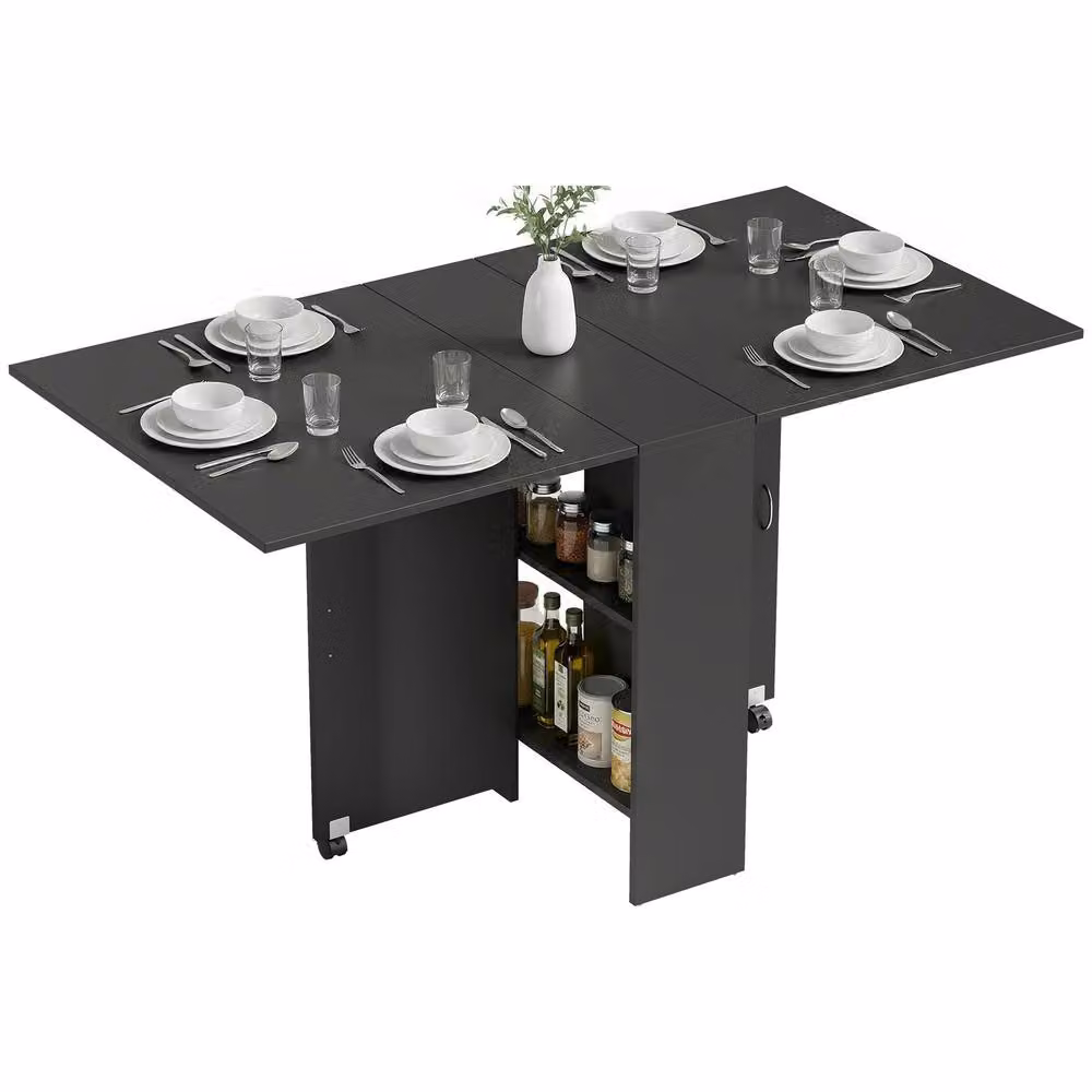 STILVORA Modern Black Drop Leaf Dining Table with Storage and Castors – 4