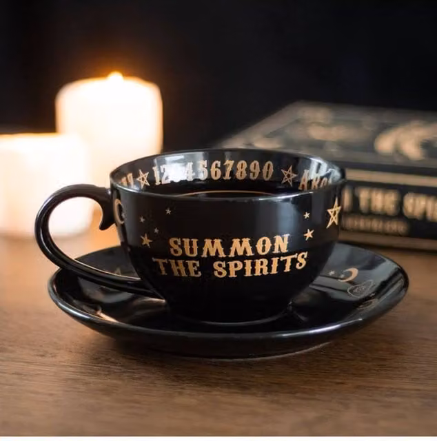KDMD Mystic Black Talking Board Teacup and Saucer Set, Gold Finish, 500ml