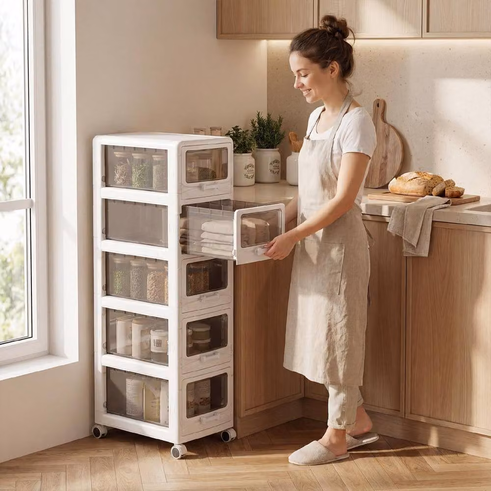 Costway 5-Tier Plastic Rolling Utility Storage Cart with Drawers in White – 2