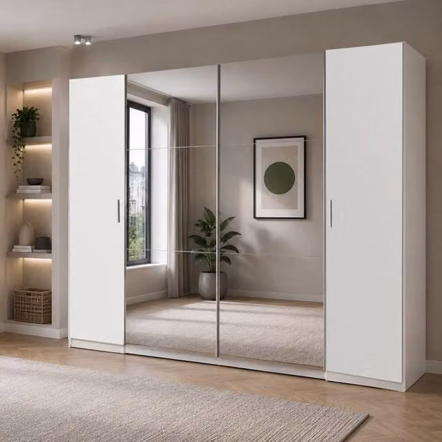 KDMD Lancaster White 4 Door Mirrored Sliding Wardrobe W: 315 cm, H: 210 cm, D: 65 cm