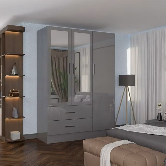 Sliding Wardrobes 4U Modern High Gloss 3 Door Hinged Wardrobe, W: 120 cm, H: 200 cm, Grey