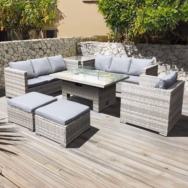 Oseasons Malta Rattan 9 Seat Rising Firepit Corner Set in Dove Grey