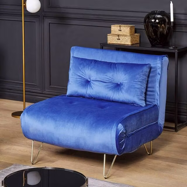 Wyld and Coco Navy Blue Velvet 1-Seater Sofa Bed with Gold Metal Legs