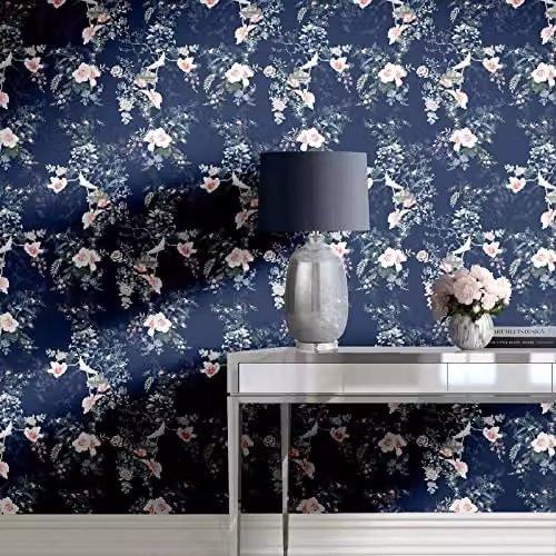 Muriva Lipsy Ophelia Floral Wallpaper with Birds and Cherry Blossoms in Soft Pink and Navy Blue – 4