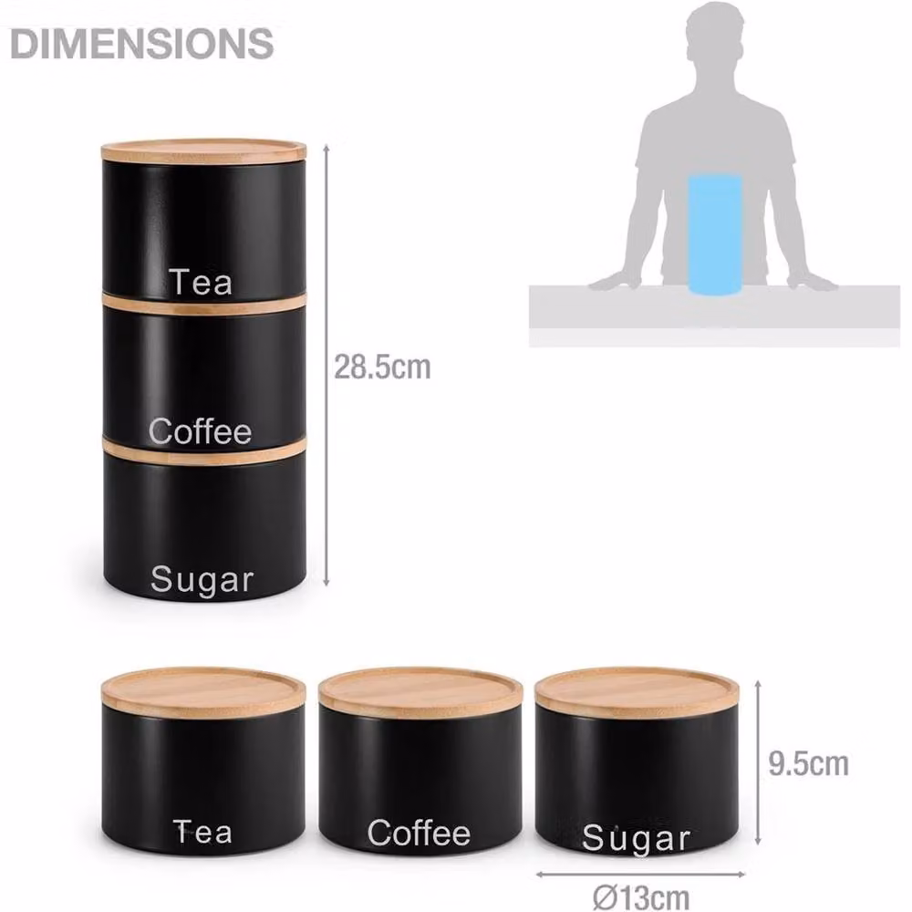 Havendro Set of 3 Black Airtight Metal and Bamboo Stacking Canisters for Tea, Coffee and Sugar – 3