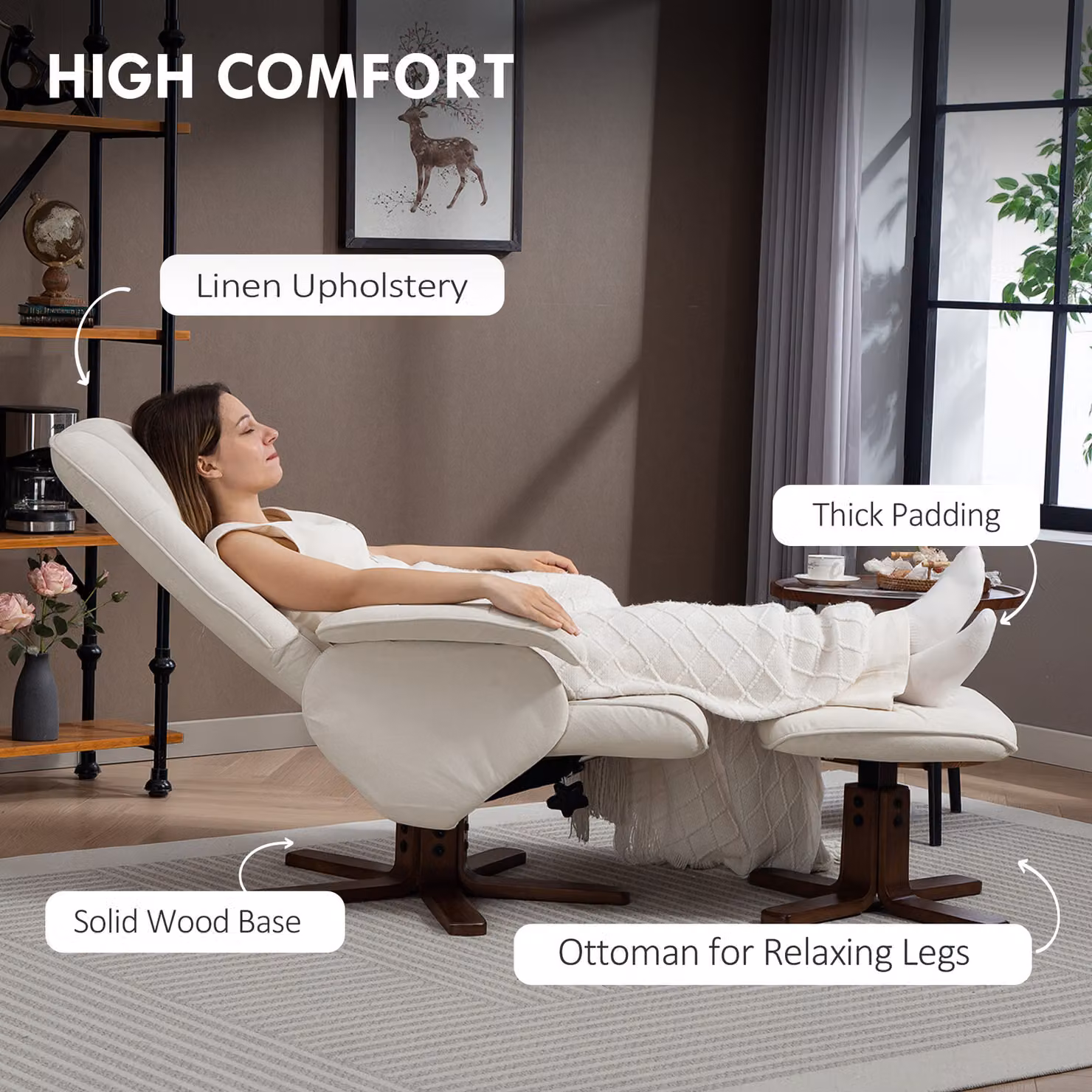 HOMCOM Reclining Swivel Chair and Footstool Set in Beige Linen Fabric with Wooden Base – 5