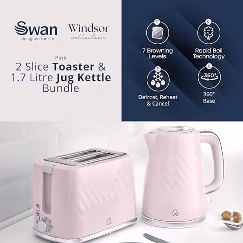 Swan Windsor Breakfast Essentials Bundle with 1.7L Rapid Boil Kettle and 2 Slice Toaster in Pink – 2