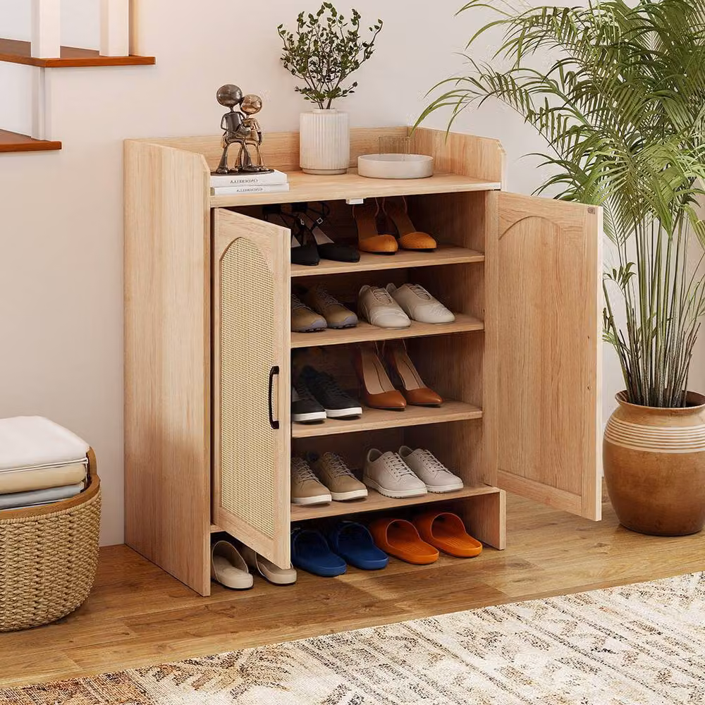 Levede 5-Layer Rattan and Wood Shoe Cabinet in White and Light Brown, W/D/H: 88 x 38 x 68 cm – 2