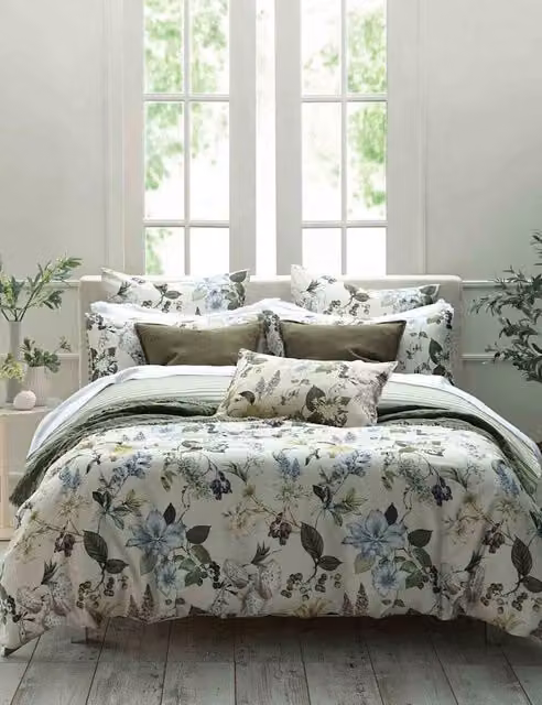 MM Linen Sanctuary Reversible Pure Cotton Floral Bedding Set, Ivory Mix, W: 140 cm, L: 200 cm