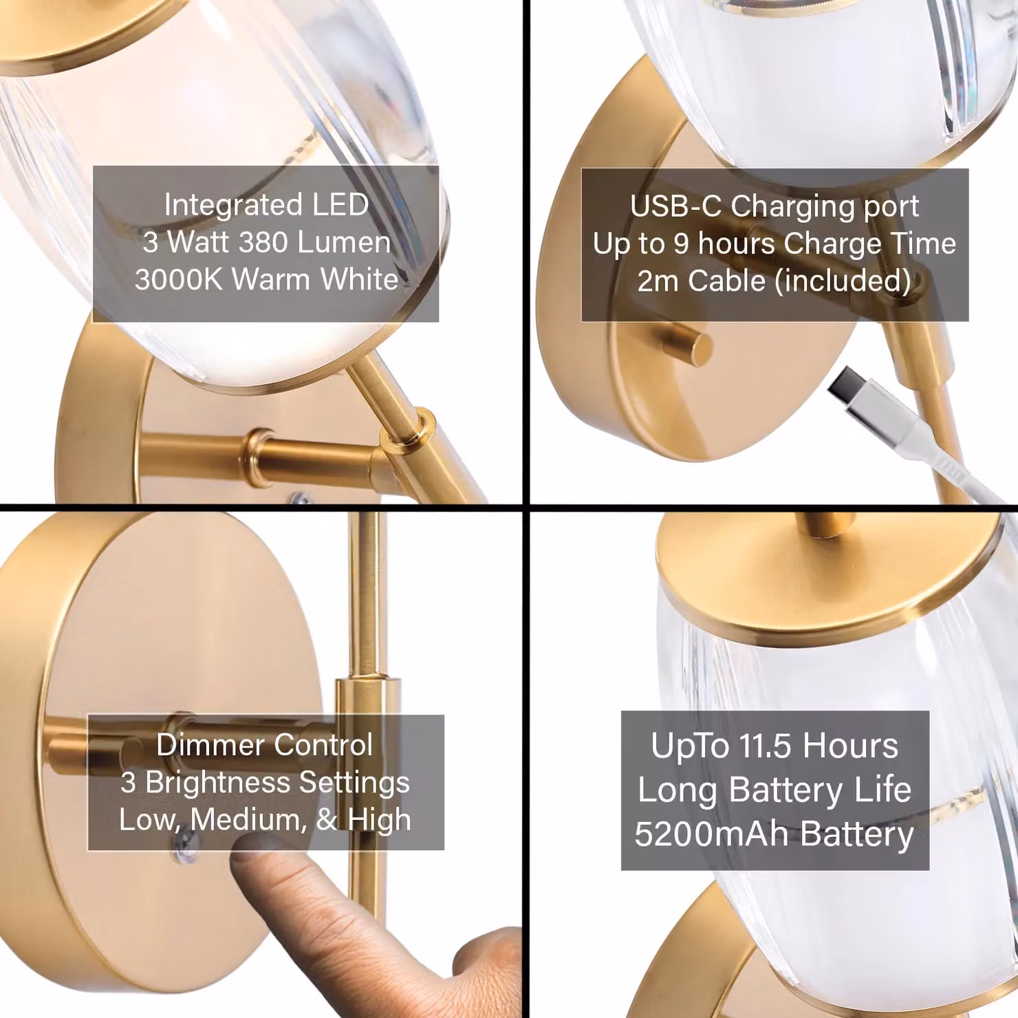 Happy Homewares Satin Gold Wireless Rechargeable Touch Dimmer Wall Light with Transparent Glass Shade – 2