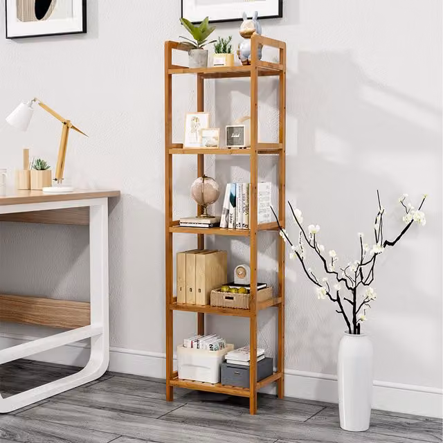 Livingandhome Tiered Bamboo Wood Book Storage Shelf, Brown, W/D/H: 133 x 25 x 35 cm