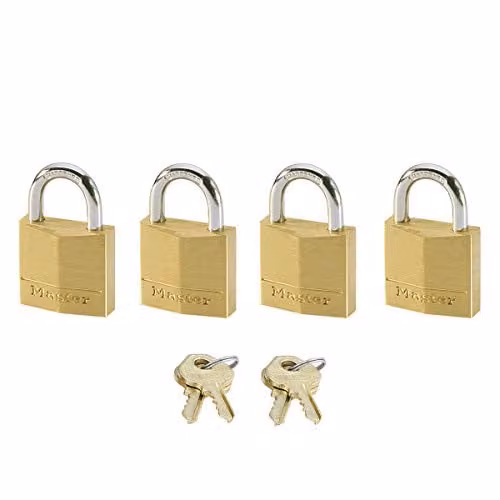 Master Lock Brass Small Padlocks Keyed Alike Family Pack of 4, Gold, W: 3.4 cm, D: 2 cm, H: 1 cm