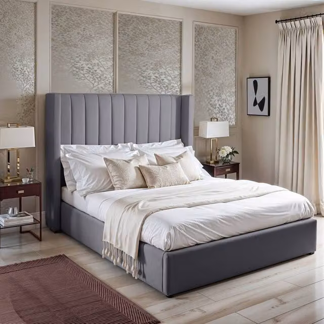 UK Bed Furniture Barcelona Gas Lift Storage Upholstered Bed in Grey, Super King, 200 x 200 cm