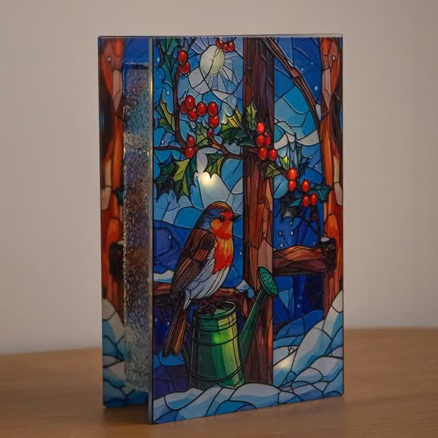 Samuel Alexander Multicolour Robin Stained Glass Christmas Tabletop Decoration, H: 21 cm x W: 13 cm – 1