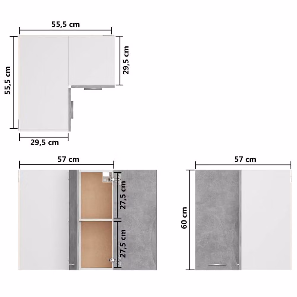 Berkfield Home Wall Mounted Corner Cabinet in Concrete Grey with Hinged Doors and Internal Shelves, W/D/H: 57 x 57 x 60 cm – 3