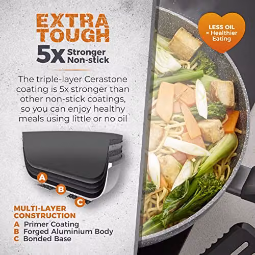 Tower Cerastone Non Stick Ceramic Wok with Glass Lid, Grey, 30 cm – 3