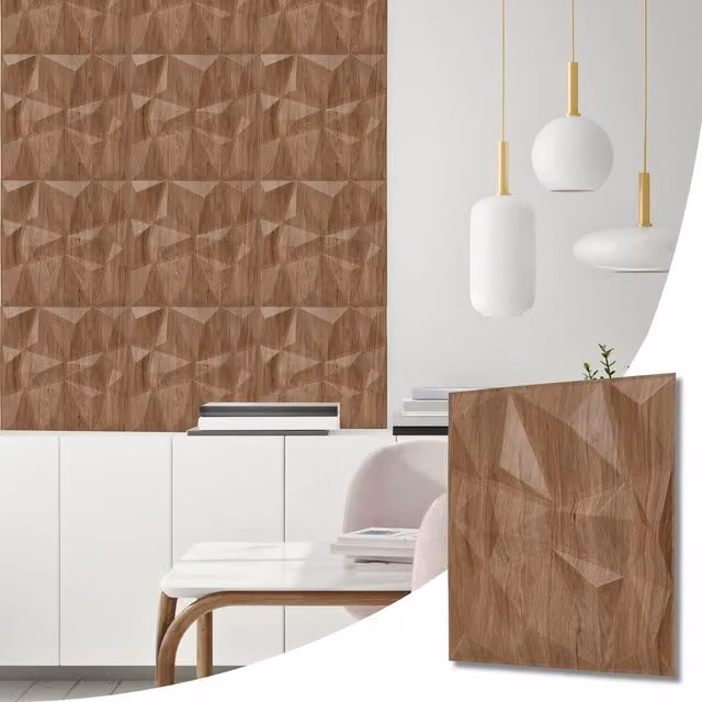 NOVECRAFTO 8 Pack Brown Matt Wood Look 3D Geometric PVC Wall Panels, W/D/H: 50 x 50 x 1.5 cm