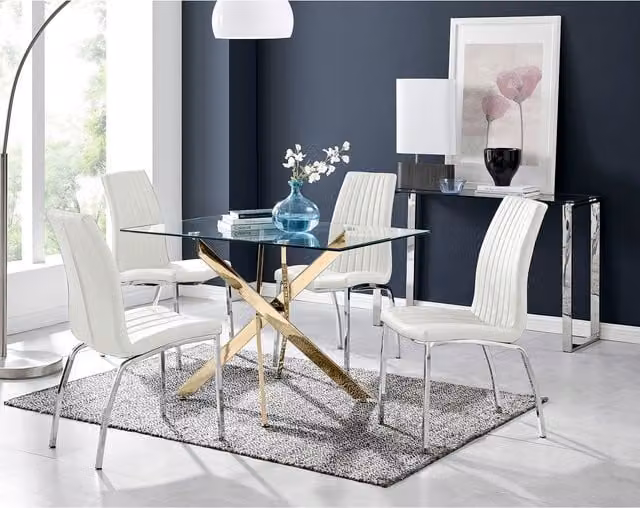 FurnitureboxUK Leonardo Gold Dining Table with Four Isco Chairs, White and Gold, W: 120 cm