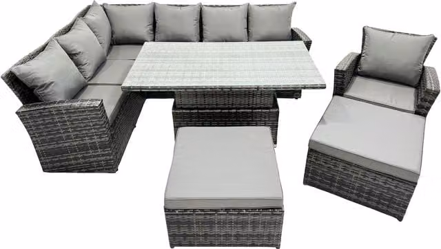 Fimous L-Shape PE Rattan Outdoor Corner Sofa Set in Grey with Coffee Table and Ottoman