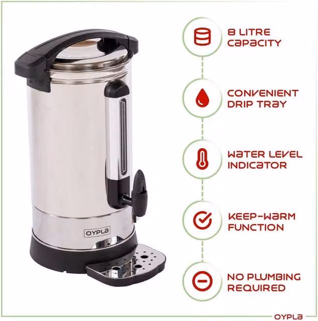 Oypla 8L Electrical Catering Hot Water Boiler in Silver Stainless Steel