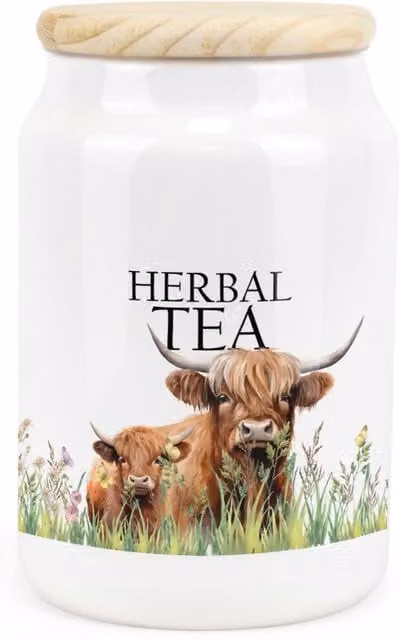 Purely Home Floral Highland Cow and Calf Ceramic Herbal Tea Storage Canister in Brown and White