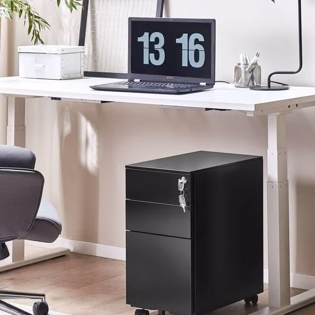 Wyld and Coco Premium Black Metal 3-Drawer Storage Cabinet with Key Lock and Castors