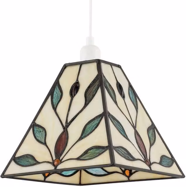 Happy Homewares Square Tiffany Glass Pendant Light Shade in Multicolour with Emerald Green Leaves