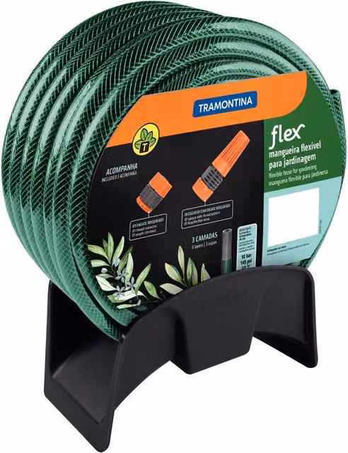 Tramontina Flex Green Garden Hose with Wall Bracket and Accessories, 1/2 inch, Diameter: 29.5 cm