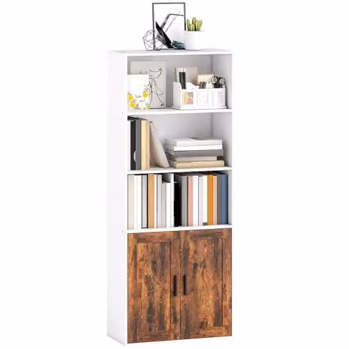 HOMCOM 5-Tier Rustic Brown Bookcase with 2 Doors and Open Shelves