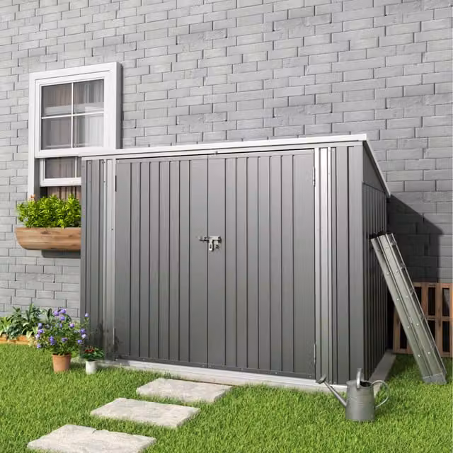 Livingandhome Grey Metal Pent Garden Shed with Single Door and Hinged Lid