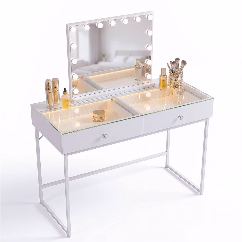 FENCHILIN Modern White 2-Drawer Dressing Table with 15 LED Hollywood Mirror – 2